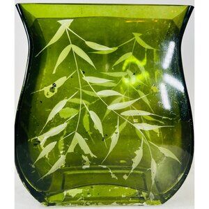 Vtg Rectangular Green Flashed Glass Vase Leaf Design Shabby Chic GrannyCore READ